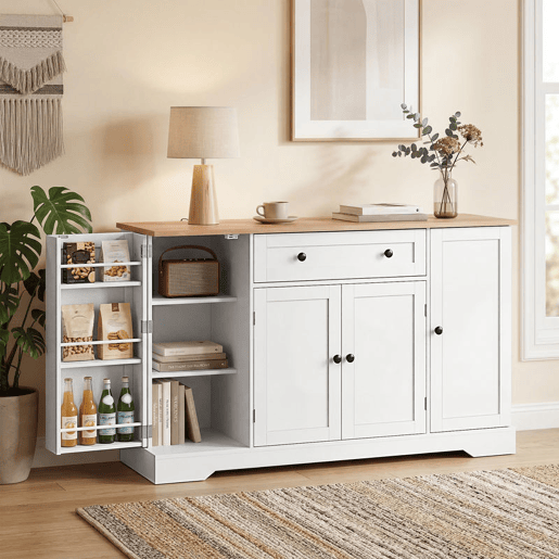 HOMCOM Aparador, Armário de Cozinha Moderno com Gaveta Prateleiras nas Portas Prateleiras Ajustáveis Bar de Café Aparador para Cozinha Sala de Jantar 138x40x83,5 cm Branco