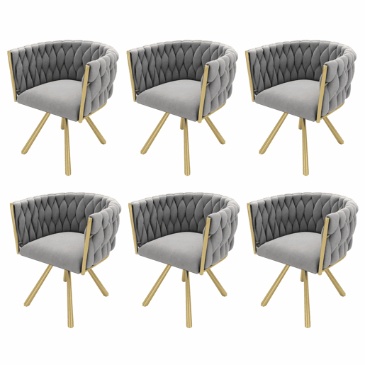 Conjunto de 6 cadeiras giratórias de veludo com braços - pernas de metal dourado - Cinzento Conjunto de 6 cadeiras giratórias de veludo com braços - pernas de metal dourado - Cinzento