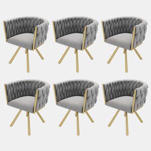 Conjunto de 6 cadeiras giratórias de veludo com braços - pernas de metal dourado - Cinzento