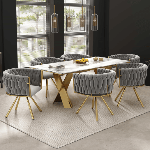 Conjunto de 6 cadeiras giratórias de veludo com braços - pernas de metal dourado - Cinzento Conjunto de 6 cadeiras giratórias de veludo com braços - pernas de metal dourado - Cinzento