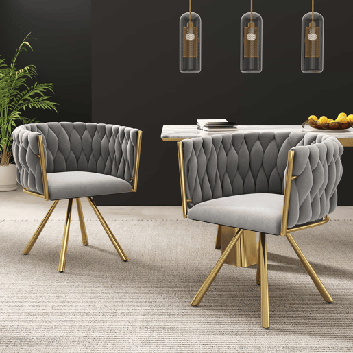 Conjunto de 6 cadeiras giratórias de veludo com braços - pernas de metal dourado - Cinzento Conjunto de 6 cadeiras giratórias de veludo com braços - pernas de metal dourado - Cinzento