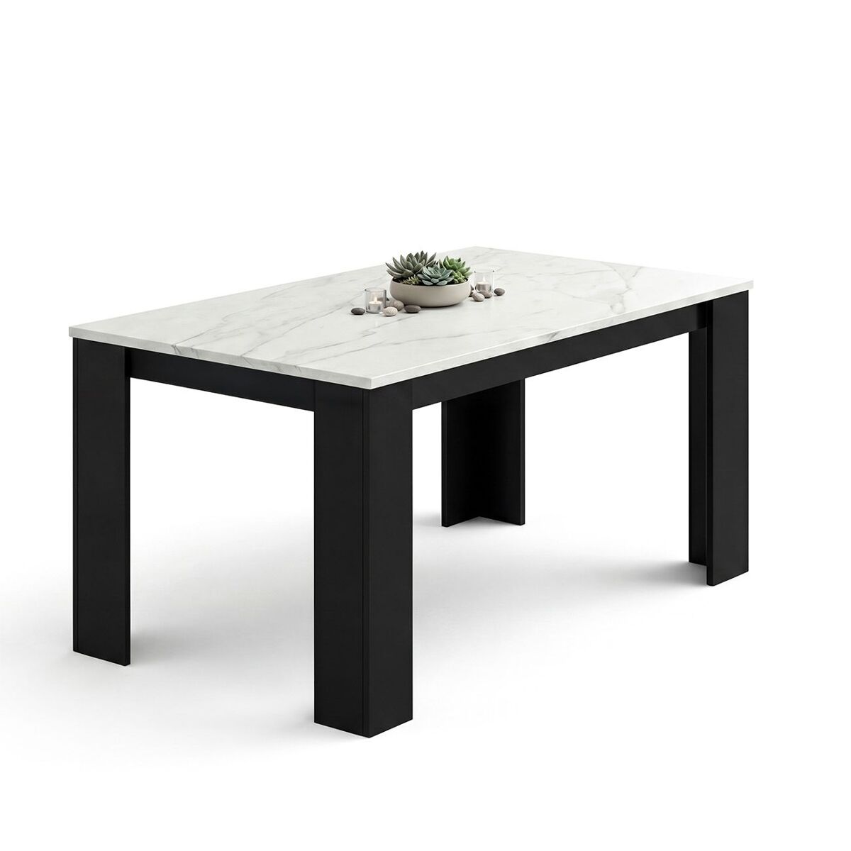 mesa de comedor fija en negro mate y efecto marmol 140x80 cm naya