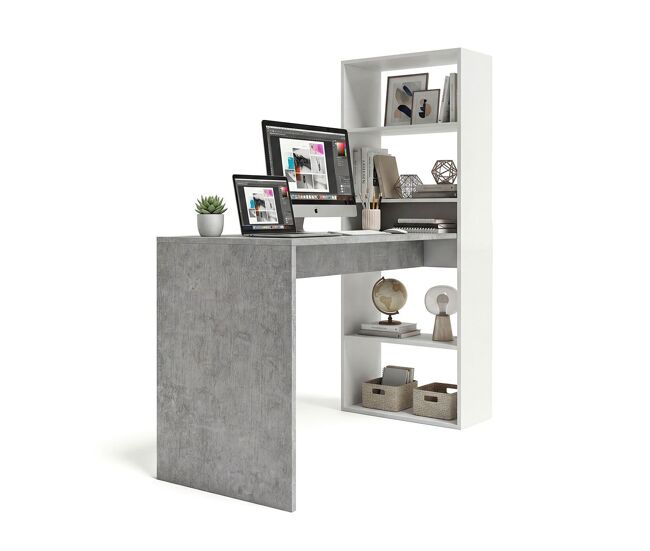 Mesa de escritorio con estantería en blanco artik y gris cemento 120x50 cm cosmic