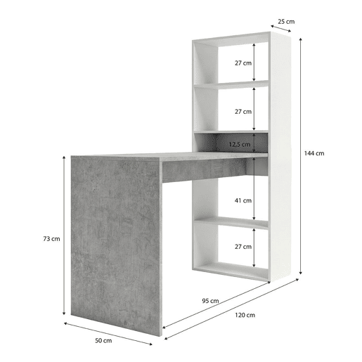 Secretária Cosmic com prateleiras Branco Artik (Branco mate) - Cinzento Cimento 120 x 71 x 53 cm
