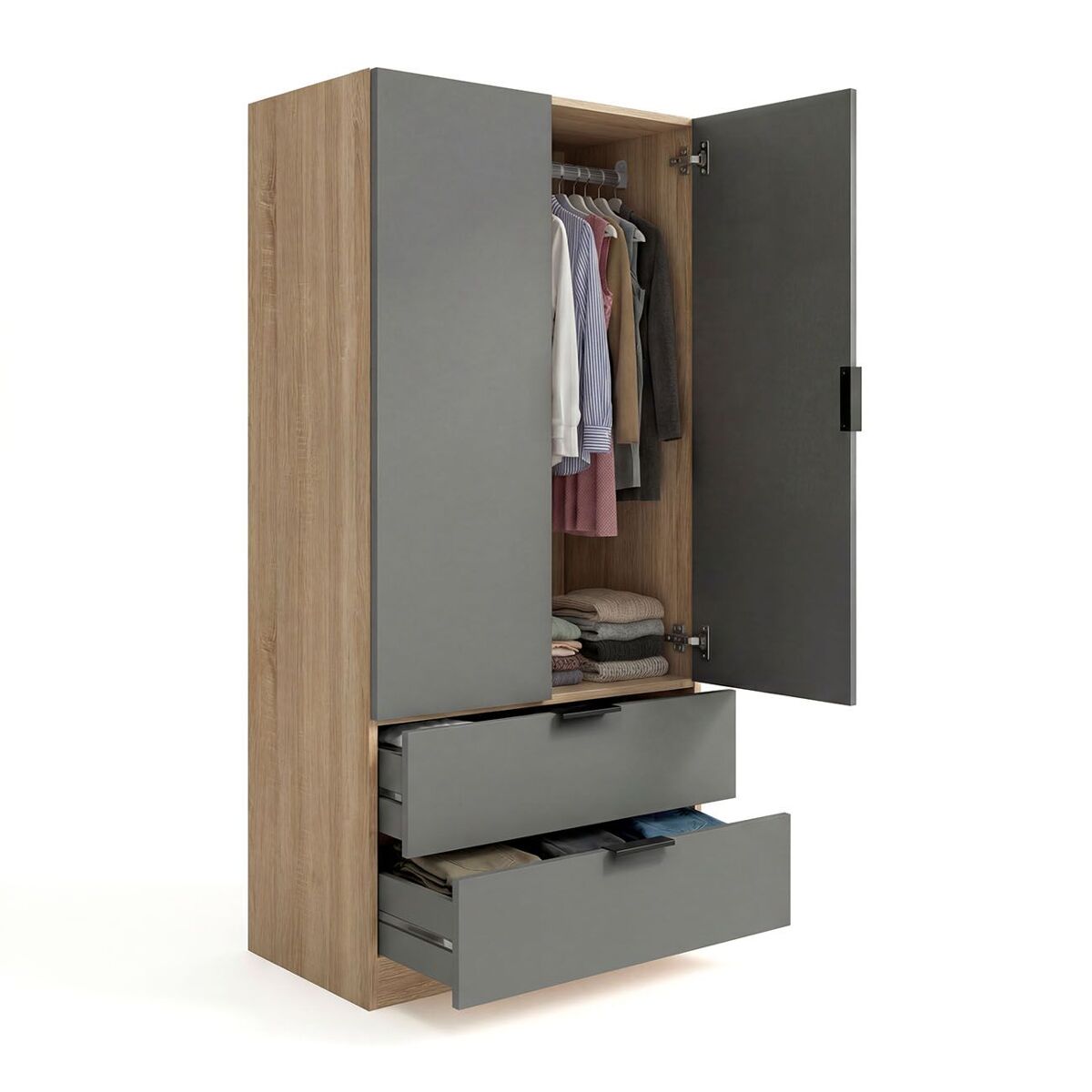 Armario de 2 puertas y 2 cajones en roble canadian y gris grafito 81,5x180 cm lark