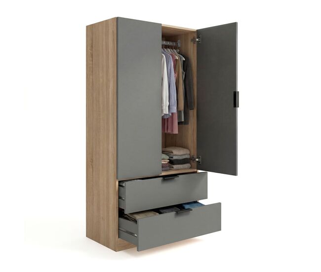 Armario de 2 puertas y 2 cajones en roble canadian y gris grafito 81,5x180 cm lark