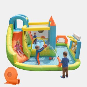 Castelo insuflável para crianças 360x320x200 cm - Com escorrega, área de salto, piscina, rede de futebol e aro de basquetebol - Cores vivas