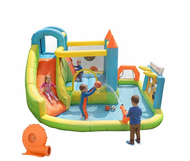 Castillo hinchable para niños 360x320x200 cm - con resbaladilla, área de salto, piscina, red de fútbol y aro de baloncesto - colores vivos