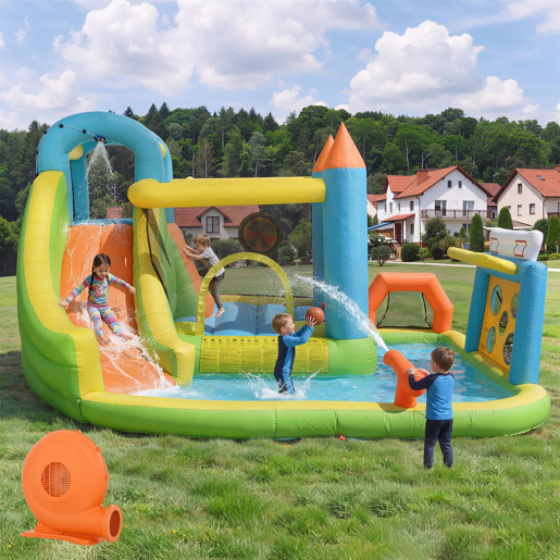 Castelo insuflável para crianças 360x320x200 cm - Com escorrega, área de salto, piscina, rede de futebol e aro de basquetebol - Cores vivas Castelo insuflável para crianças 360x320x200 cm - Com escorrega, área de salto, piscina, rede de futebol e aro de basquetebol - Cores vivas