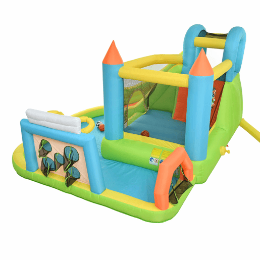 Castelo insuflável para crianças 360x320x200 cm - Com escorrega, área de salto, piscina, rede de futebol e aro de basquetebol - Cores vivas Castelo insuflável para crianças 360x320x200 cm - Com escorrega, área de salto, piscina, rede de futebol e aro de basquetebol - Cores vivas