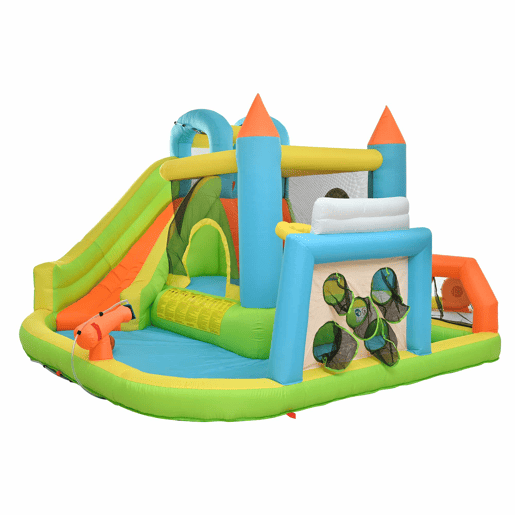 Castelo insuflável para crianças 360x320x200 cm - Com escorrega, área de salto, piscina, rede de futebol e aro de basquetebol - Cores vivas Castelo insuflável para crianças 360x320x200 cm - Com escorrega, área de salto, piscina, rede de futebol e aro de basquetebol - Cores vivas