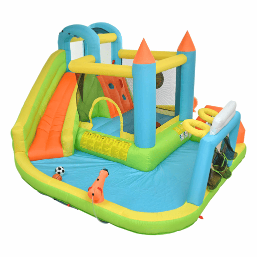 Castelo insuflável para crianças 360x320x200 cm - Com escorrega, área de salto, piscina, rede de futebol e aro de basquetebol - Cores vivas Castelo insuflável para crianças 360x320x200 cm - Com escorrega, área de salto, piscina, rede de futebol e aro de basquetebol - Cores vivas