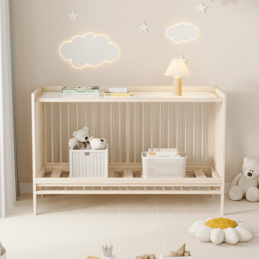 Móvel infantil combinado - multifuncional: berço, armário e estante giratória - Natural