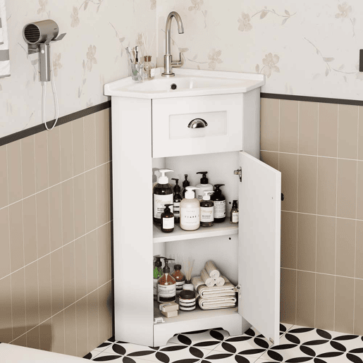 Móvel de casa de banho 81x47x93 cm - Suporte, lavatório em cerâmica, MDF resistente à água, arrumação - Branco