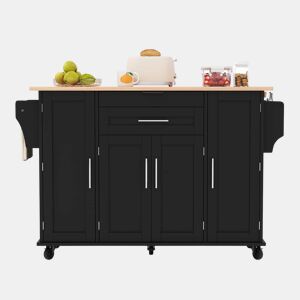 Ilha de cozinha móvel 120x45 cm - Bancada extensível 70 cm, gaveta oculta, prateleiras ajustáveis, prateleira para especiarias, suporte para toalhas - Preto e Natural
