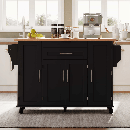 Ilha de cozinha móvel 120x45 cm - Bancada extensível 70 cm, gaveta oculta, prateleiras ajustáveis, prateleira para especiarias, suporte para toalhas - Preto e Natural