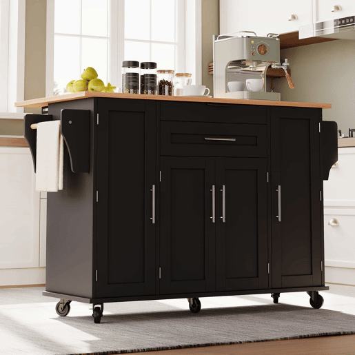 Ilha de cozinha móvel 120x45 cm - Bancada extensível 70 cm, gaveta oculta, prateleiras ajustáveis, prateleira para especiarias, suporte para toalhas - Preto e Natural