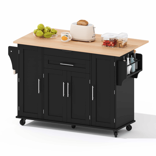 Ilha de cozinha móvel 120x45 cm - Bancada extensível 70 cm, gaveta oculta, prateleiras ajustáveis, prateleira para especiarias, suporte para toalhas - Preto e Natural