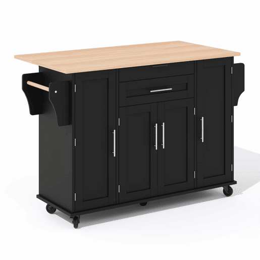 Ilha de cozinha móvel 120x45 cm - Bancada extensível 70 cm, gaveta oculta, prateleiras ajustáveis, prateleira para especiarias, suporte para toalhas - Preto e Natural