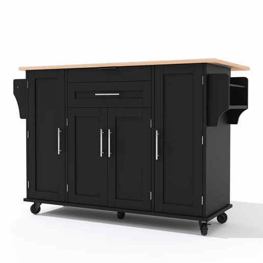 Ilha de cozinha móvel 120x45 cm - Bancada extensível 70 cm, gaveta oculta, prateleiras ajustáveis, prateleira para especiarias, suporte para toalhas - Preto e Natural