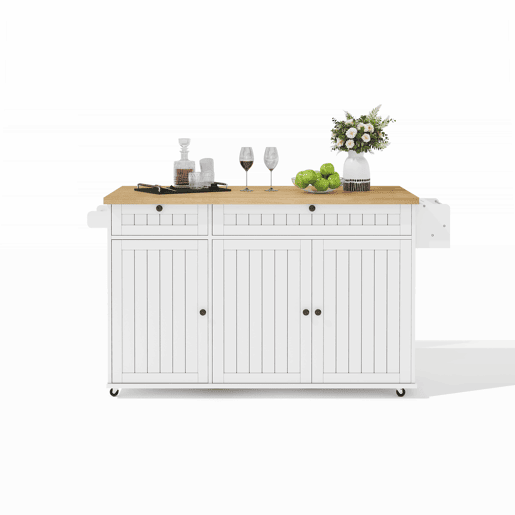 Ilha de cozinha 137x89,5x45 cm - Com 6 rodas bloqueáveis, prateleira, 2 gavetas grandes - Branco+Natural