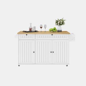 Ilha de cozinha 137x89,5x45 cm - Com 6 rodas bloqueáveis, prateleira, 2 gavetas grandes - Branco+Natural