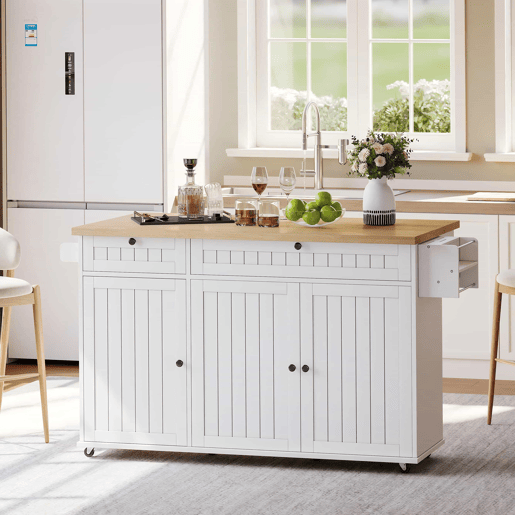Ilha de cozinha 137x89,5x45 cm - Com 6 rodas bloqueáveis, prateleira, 2 gavetas grandes - Branco+Natural