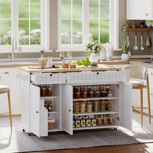 Ilha de cozinha 137x89,5x45 cm - Com 6 rodas bloqueáveis, prateleira, 2 gavetas grandes - Branco+Natural