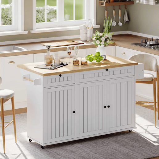 Ilha de cozinha 137x89,5x45 cm - Com 6 rodas bloqueáveis, prateleira, 2 gavetas grandes - Branco+Natural