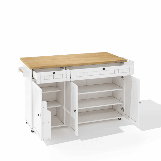 Ilha de cozinha 137x89,5x45 cm - Com 6 rodas bloqueáveis, prateleira, 2 gavetas grandes - Branco+Natural