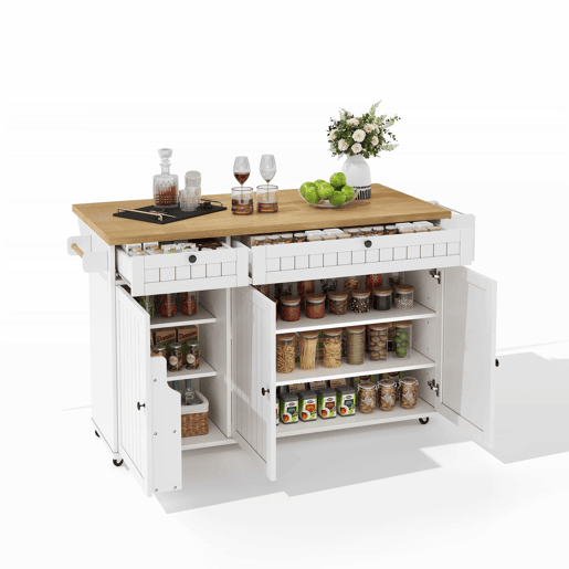 Ilha de cozinha 137x89,5x45 cm - Com 6 rodas bloqueáveis, prateleira, 2 gavetas grandes - Branco+Natural