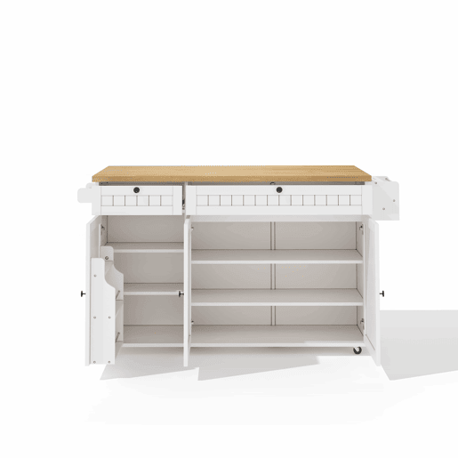 Ilha de cozinha 137x89,5x45 cm - Com 6 rodas bloqueáveis, prateleira, 2 gavetas grandes - Branco+Natural