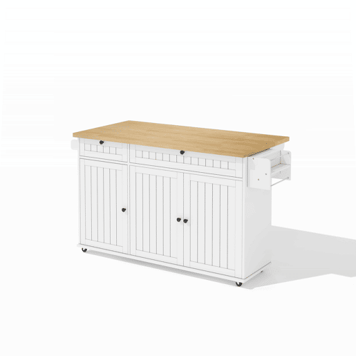 Ilha de cozinha 137x89,5x45 cm - Com 6 rodas bloqueáveis, prateleira, 2 gavetas grandes - Branco+Natural