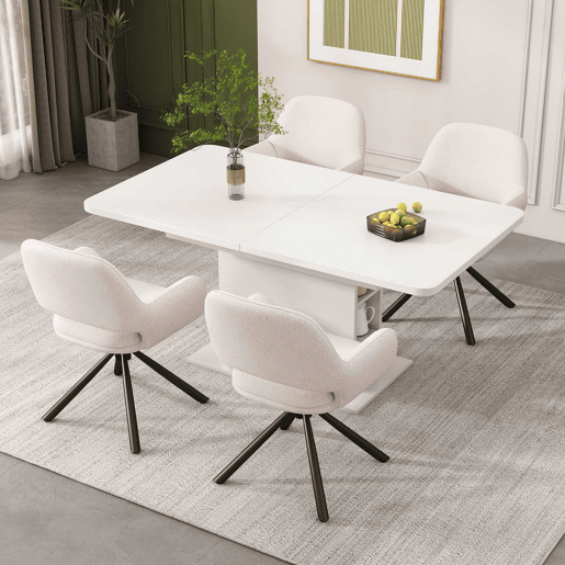 Conjunto de 4 cadeiras giratórias com braços - em tecido de sherpa - estilo moderno - Branco