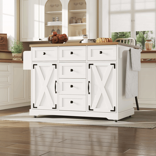 Ilha de cozinha móvel 147 x 70 x 93 cm - Carrinho de serviço em madeira com grande capacidade - Branco