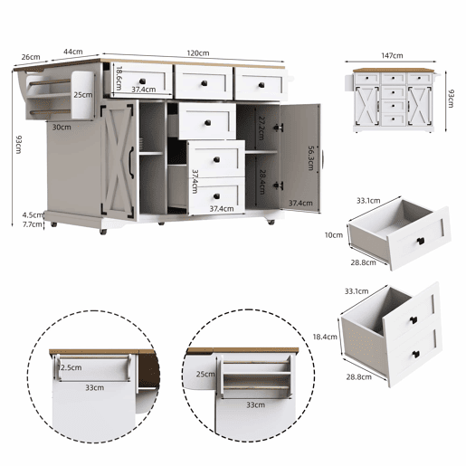 Ilha de cozinha móvel 147 x 70 x 93 cm - Carrinho de serviço em madeira com grande capacidade - Branco