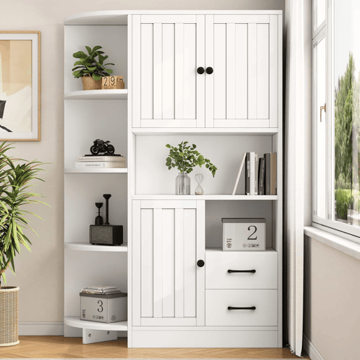 Armário de canto 104x35x155 cm - Vitrine com 3 portas e 2 gavetas, 14 compartimentos - Branco
