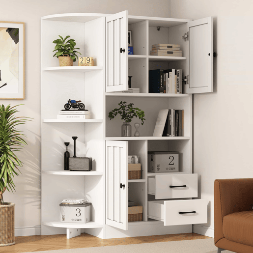 Armário de canto 104x35x155 cm - Vitrine com 3 portas e 2 gavetas, 14 compartimentos - Branco