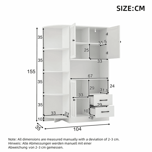 Armário de canto 104x35x155 cm - Vitrine com 3 portas e 2 gavetas, 14 compartimentos - Branco