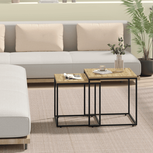 CONJUNTO DE MESA DE CENTRO de 2 unidades, carvalho artesanal
