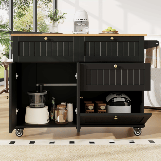 Ilha de cozinha moderna 120x60x90 cm - Buffet, mesa multifuncional com arrumação, carrinho de cozinha com prateleiras extensíveis - Preto Ilha de cozinha moderna 120x60x90 cm - Buffet, mesa multifuncional com arrumação, carrinho de cozinha com prateleiras extensíveis - Preto