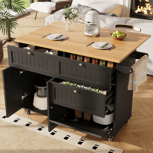 Ilha de cozinha moderna 120x60x90 cm - Buffet, mesa multifuncional com arrumação, carrinho de cozinha com prateleiras extensíveis - Preto Ilha de cozinha moderna 120x60x90 cm - Buffet, mesa multifuncional com arrumação, carrinho de cozinha com prateleiras extensíveis - Preto