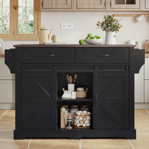 Ilha de cozinha 120x45x91 cm - bancada rebatível, rodas, portas deslizantes e gavetas - preto