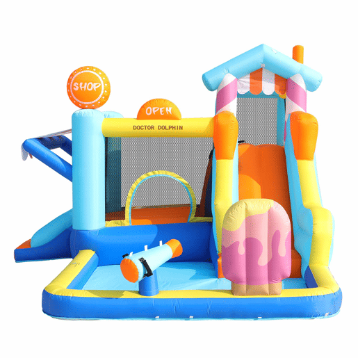 Castelo insuflável para crianças - Parque aquático multifuncional + trampolim, escorregador de água, pequeno escorregador, fonte, pistolas de água, toldo - Azul