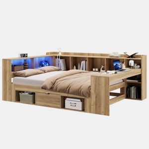 Cama individual com secretária 140x200 cm - cama com arrumação, LED, portas USB, prateleiras e gavetas, estrutura em L tipo sofá-cama - cor natural