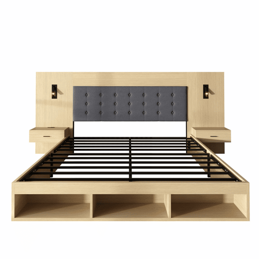 Cama de casal 180x200 cm - cama com arrumação, mesas de cabeceira, USB e Type-C, candeeiro de leitura - carvalho claro