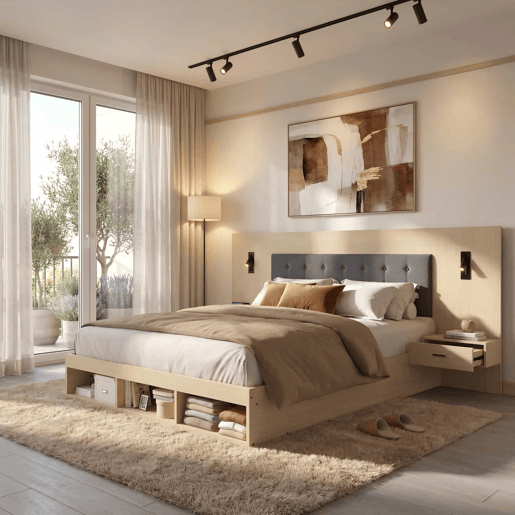 Cama de casal 180x200 cm - cama com arrumação, mesas de cabeceira, USB e Type-C, candeeiro de leitura - carvalho claro