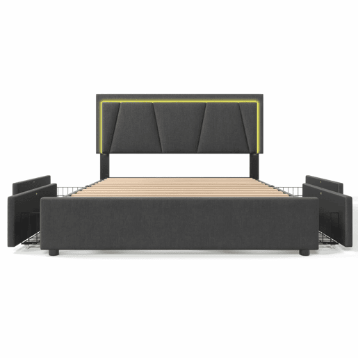 Cama estofada 160x200 cm - 4 gavetas, cabeceira ajustável, LED, base de madeira - cinzenta