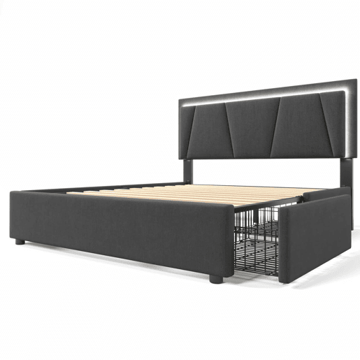 Cama estofada 160x200 cm - 4 gavetas, cabeceira ajustável, LED, base de madeira - cinzenta