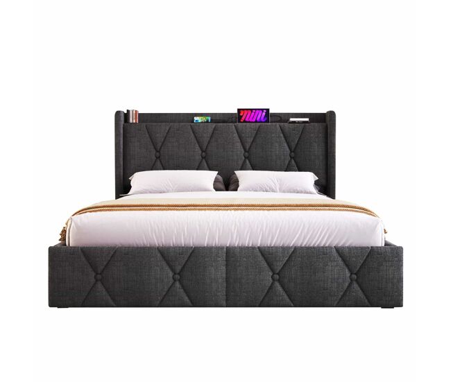 Cama tapizada 160x200 cm - con usb, cabecero y 4 cajones de almacenamiento, somier de madera - gris